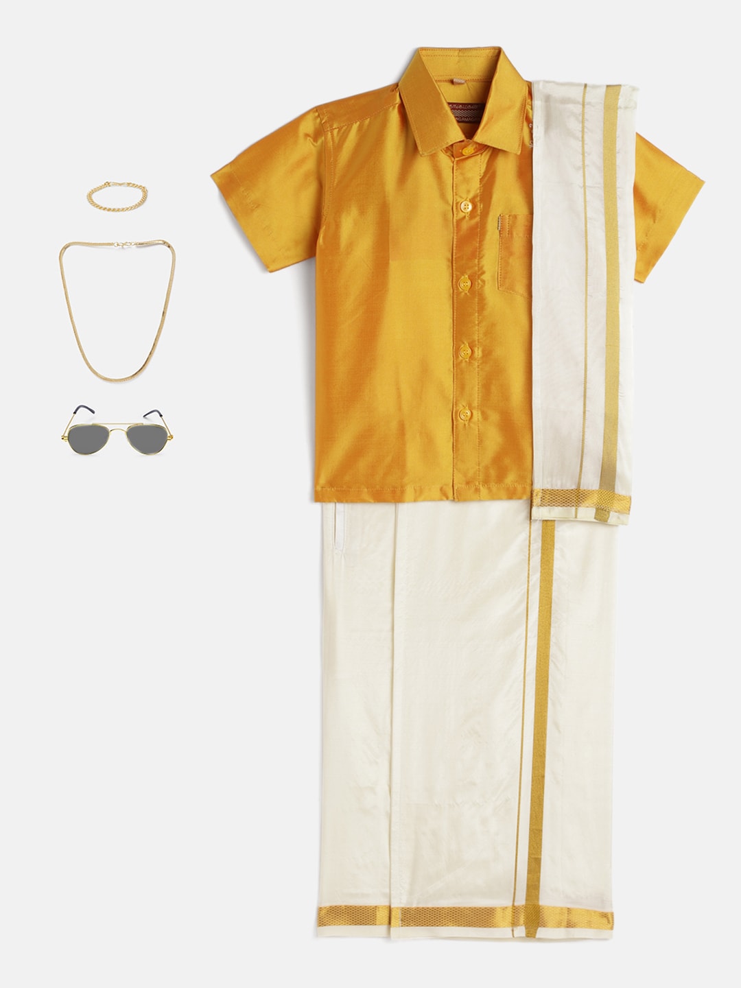 33-Agastya-Light Orange Shirt & Cream Dhoti With Hem Of Golden Zari Along with Freebies Set