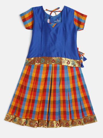 26-Yashmitha- Art Silk Multicolour Blue Blouse & Multicolour Skirt With Hem Of Golden Zari Pattu Pavada Set "