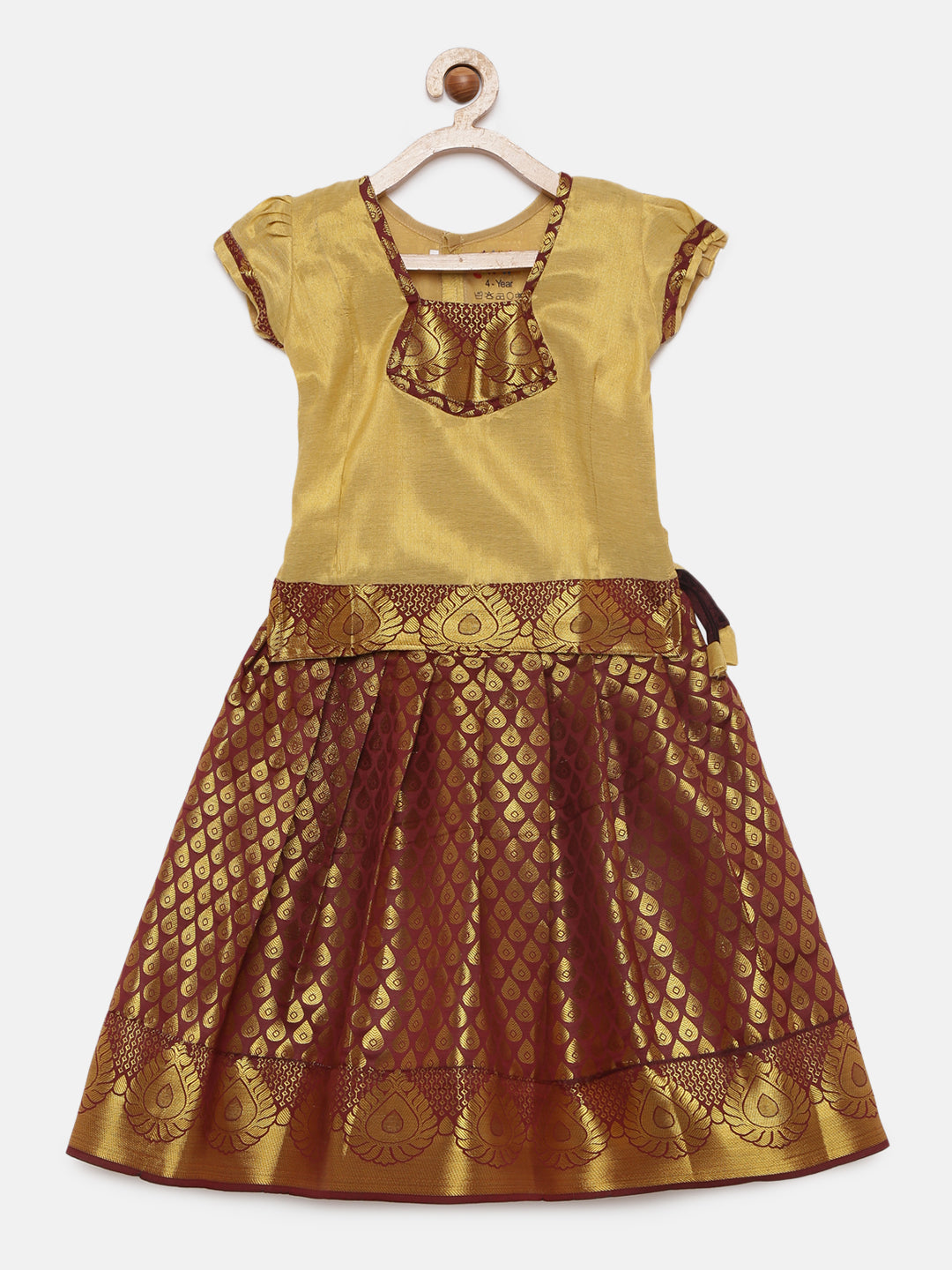 07-Dhanvi-Art Silk Cream Blouse & Coffee Skirt  With Hem Of Golden Zari Pattu Pavada Set