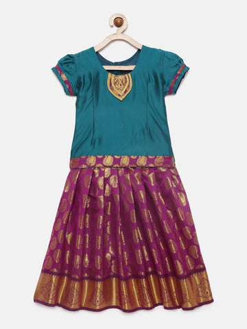 06-Divisha- Art Silk Sea Green Blouse & Lavender Skirt With Hem Of Golden Zari Pattu Pavada Set