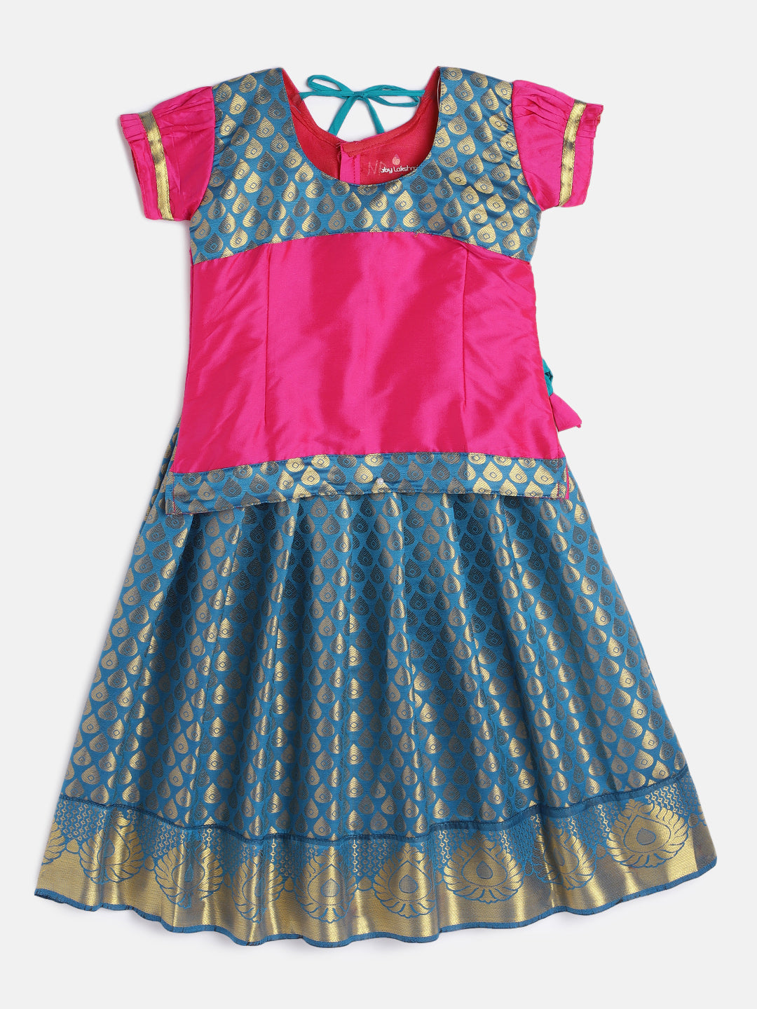 23-Nidhika- Art Silk Teal & Pink Blouse & Teal Skirt With Hem Of Golden Zari Pattu Pavada Set