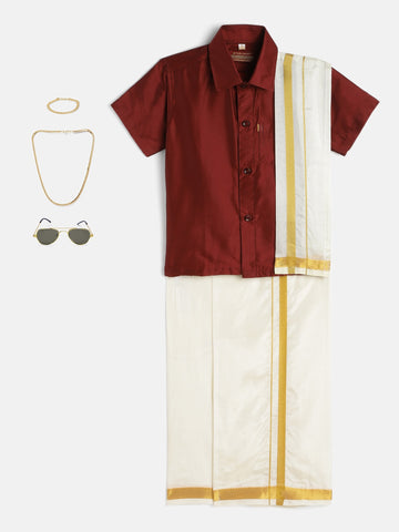 39-Soumith-Maroon Shirt &Cream Dhoti With Hem Of Golden Zari Along with Freebies Set