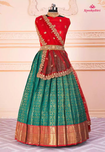 58-SANGEETHA-Green Red Banarasi Silk Jequard Half Saree
