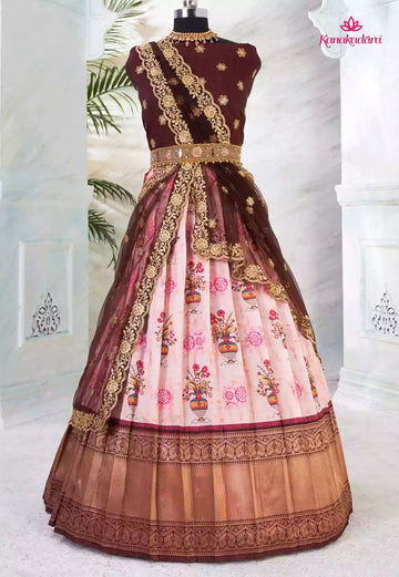 36-BHAGIRATHI-Pink Floral Digital Printed Half Saree
