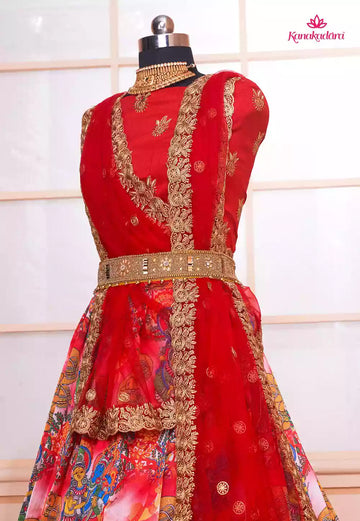 45-LALITHA-Red Classical Kalamkari Digital Printed Half Saree