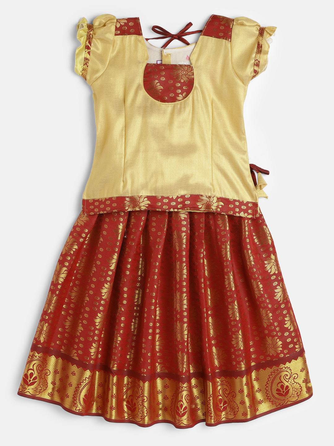 19-Kalpitha- Art Silk Cream Blouse & Maroon Skirt With Hem Of Golden Zari Pattu Pavada Set