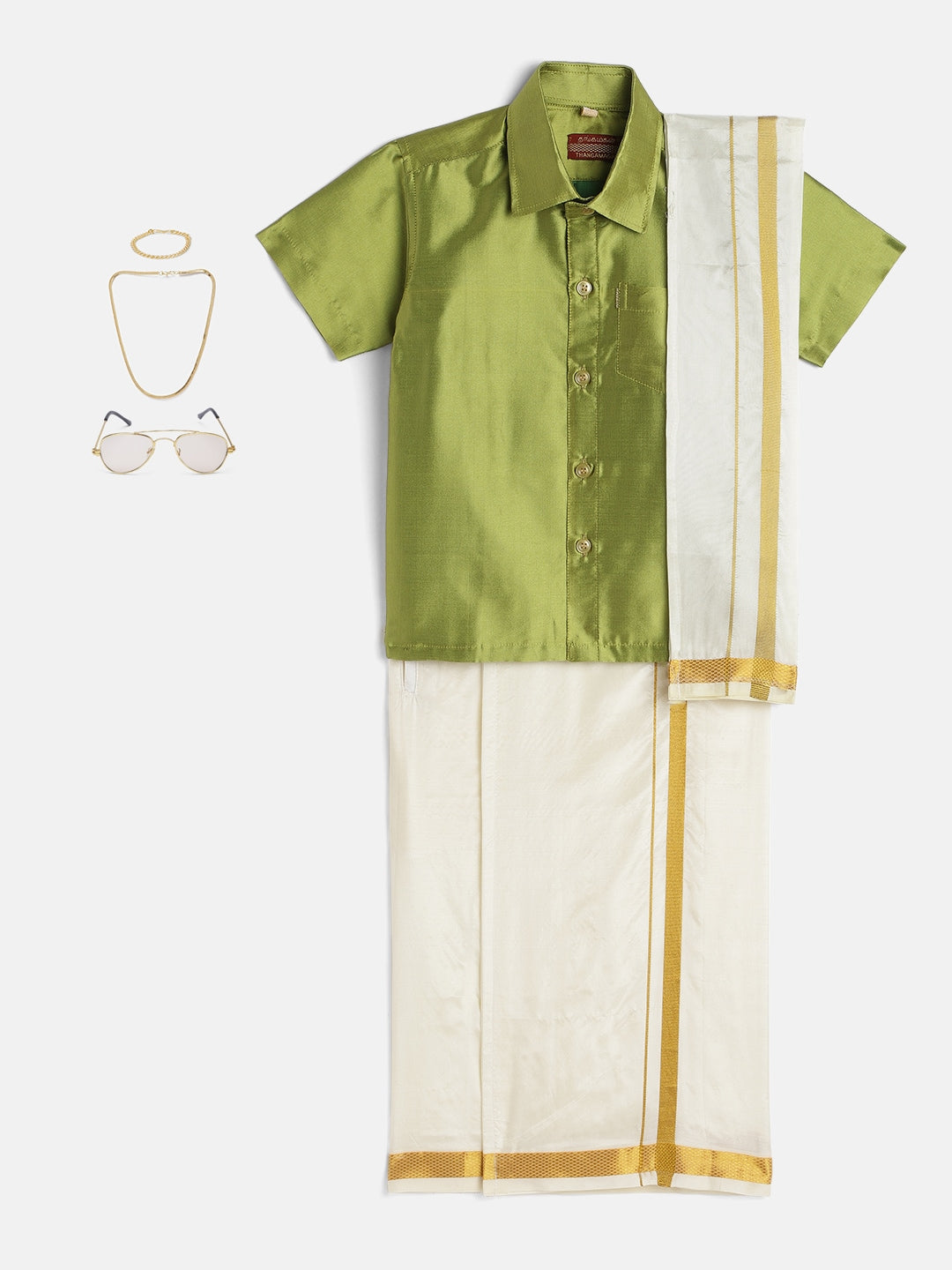 07-Atharv-Green Shirt & Cream Dhoti With Hem Of Golden Zari Along with Freebies Set
