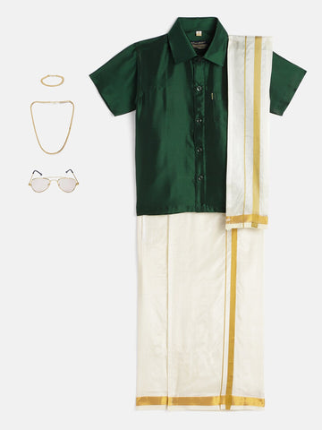 43-Adith-Dark Slate Green Shirt &Cream Dhoti With Hem Of Golden Zari Along with Freebies Set