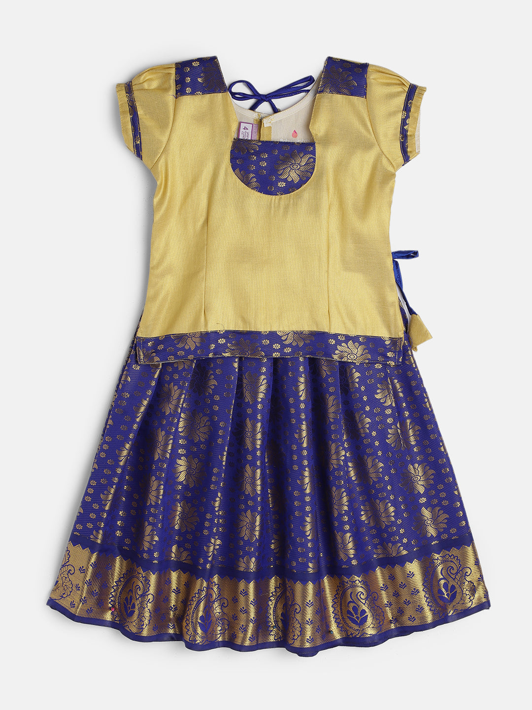 20-Kannika- Art Silk Cream Blouse & Blue Skirt With Hem Of Golden Zari Pattu Pavada Set