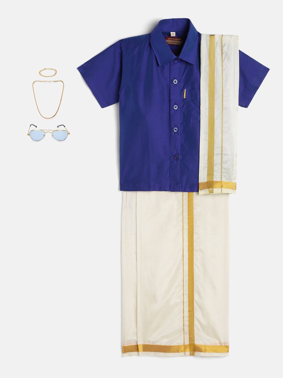 21-Ranjith- Blue Shirt & Cream Dhoti With Hem Of Golden Zari Along with Freebies Set