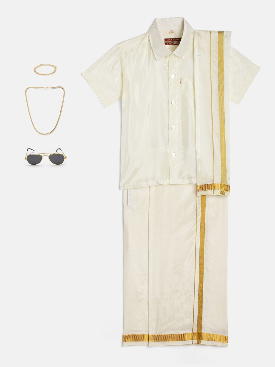 01-Gnanam-Beige Shirt &Cream Dhoti With Hem Of Golden Zari Along with Freebies Set