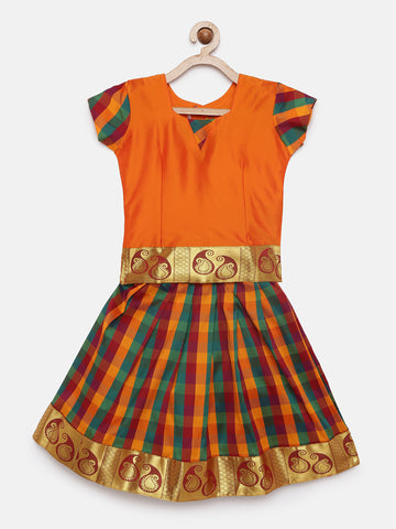 09-Vedika-Art Silk Orange Blouse & Multicolour Skirt With Hem Of Golden Zari Pattu Pavada Set
