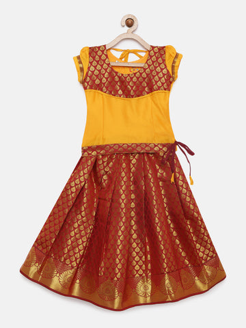 03- Gayathri- Art Silk Yellow Blouse& Maroon Skirt With Hem Of Golden Zari Pattu Pavada Set