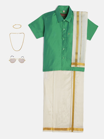 35-Abhijith-Light Green Shirt &Cream Dhoti With Hem Of Golden Zari Along with Freebies Set