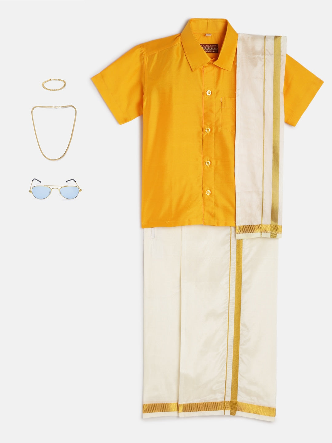 41-Vimesh-Yellow Shirt & Cream Dhoti With Hem Of Golden Zari Along with Freebies Set