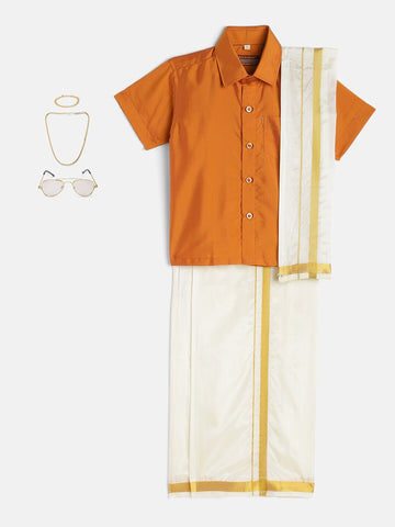 05-Shriansh-Orange Mix Mustard Shirt& Cream Dhoti With Hem Of Golden Zari Along with Freebies Set