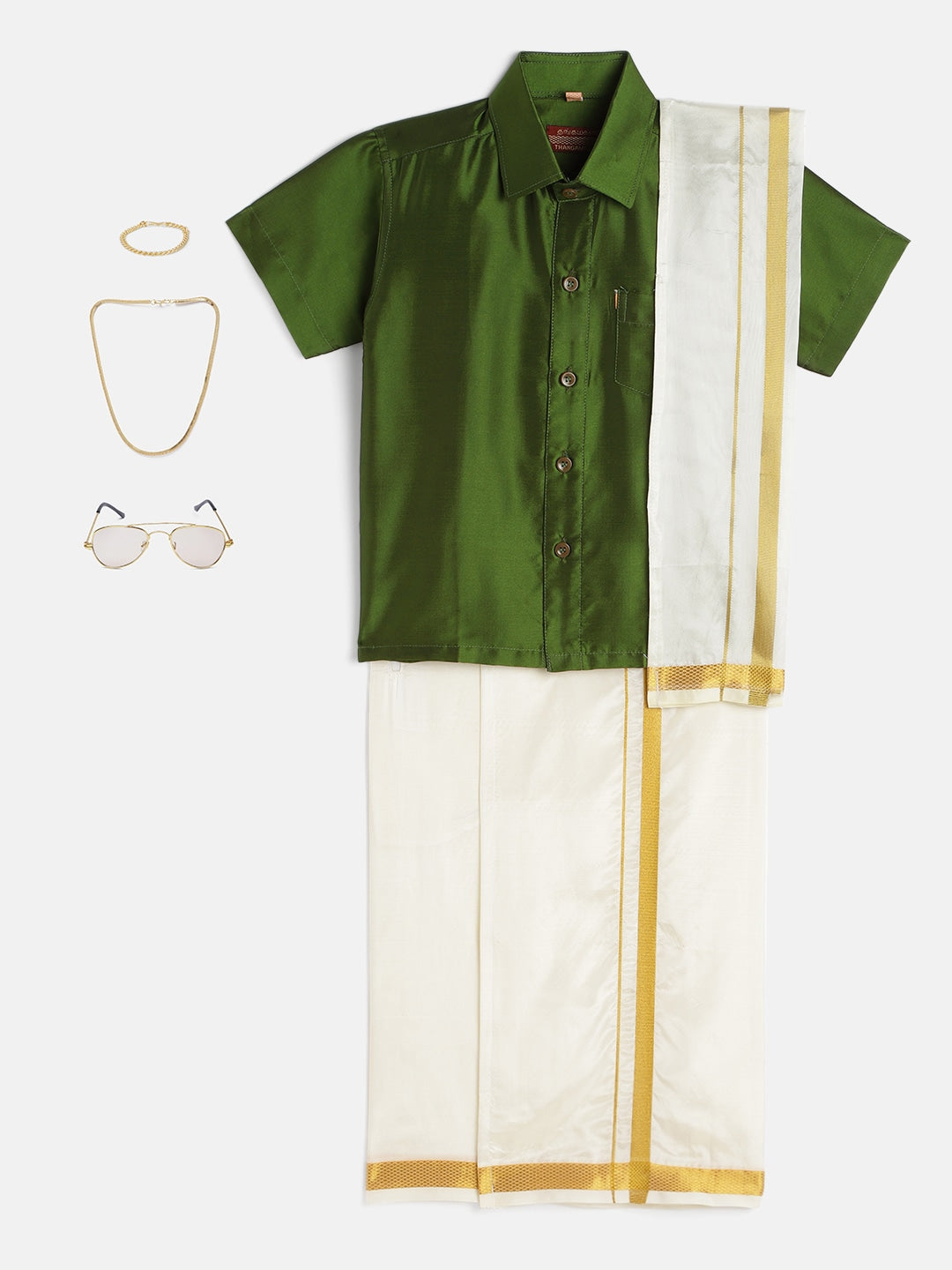 03-Karthik-Green Shirt & Cream Dhoti With Hem Of Golden Zari Along with Freebies Set