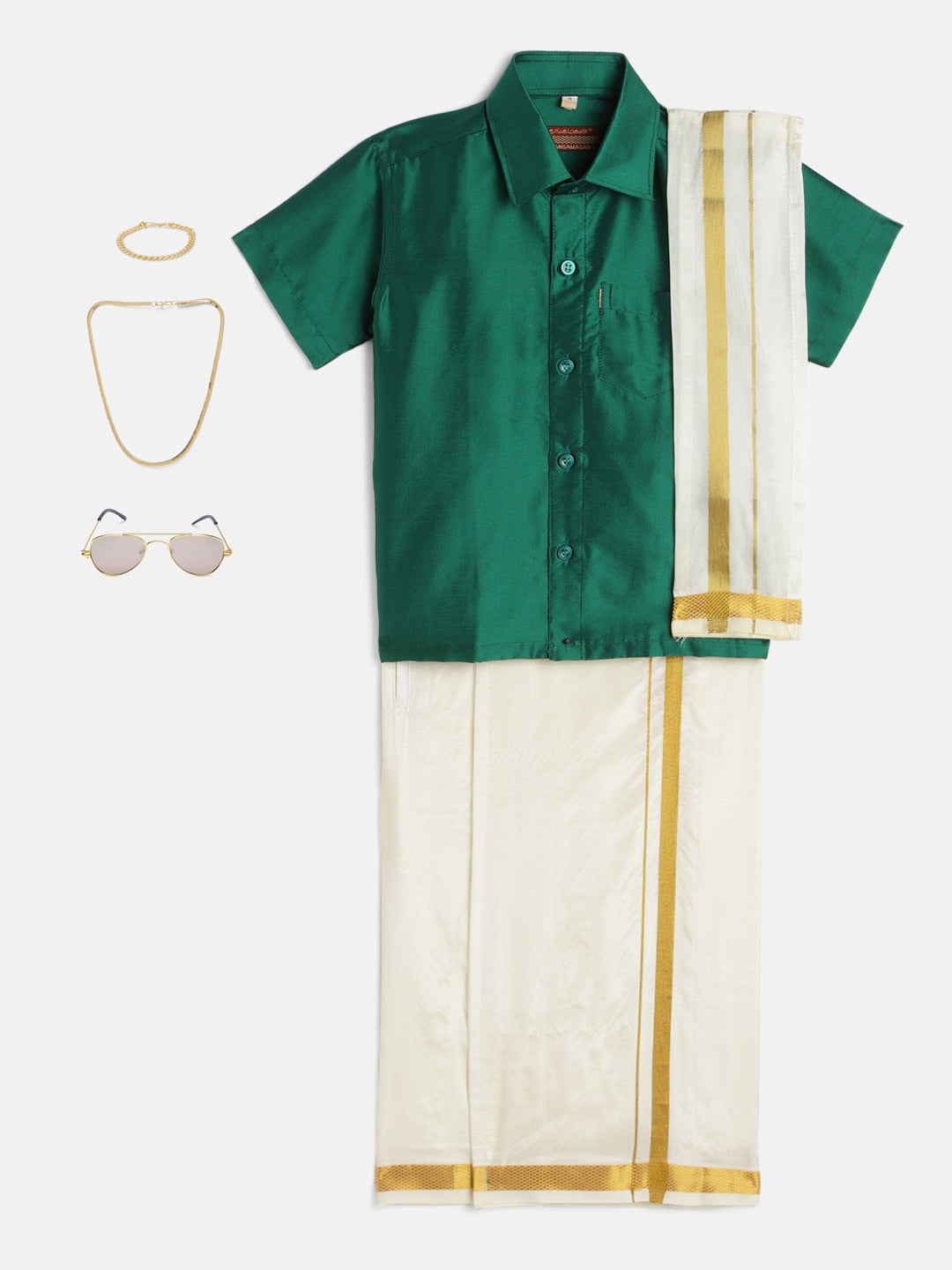 45-Asrith-Green Shirt &Cream Dhoti With Hem Of Golden Zari Along with Freebies Set