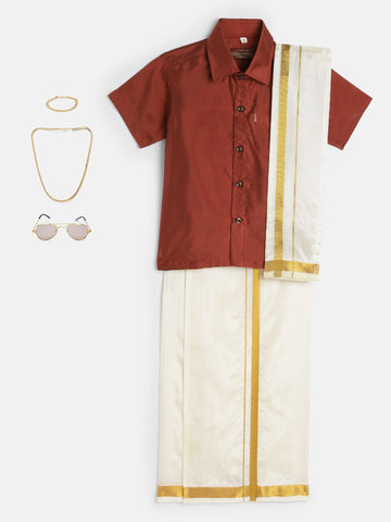 51-Varshith- Fire Brick Red Shirt &Cream Dhoti With Hem Of Golden Zari Along with Freebies Set