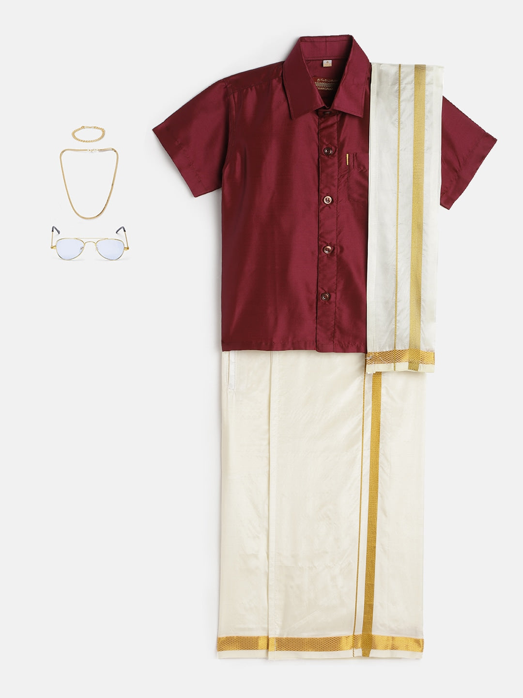 44-Manav-Dark Red Shirt &Cream Dhoti With Hem Of Golden Zari Along with Freebies Set