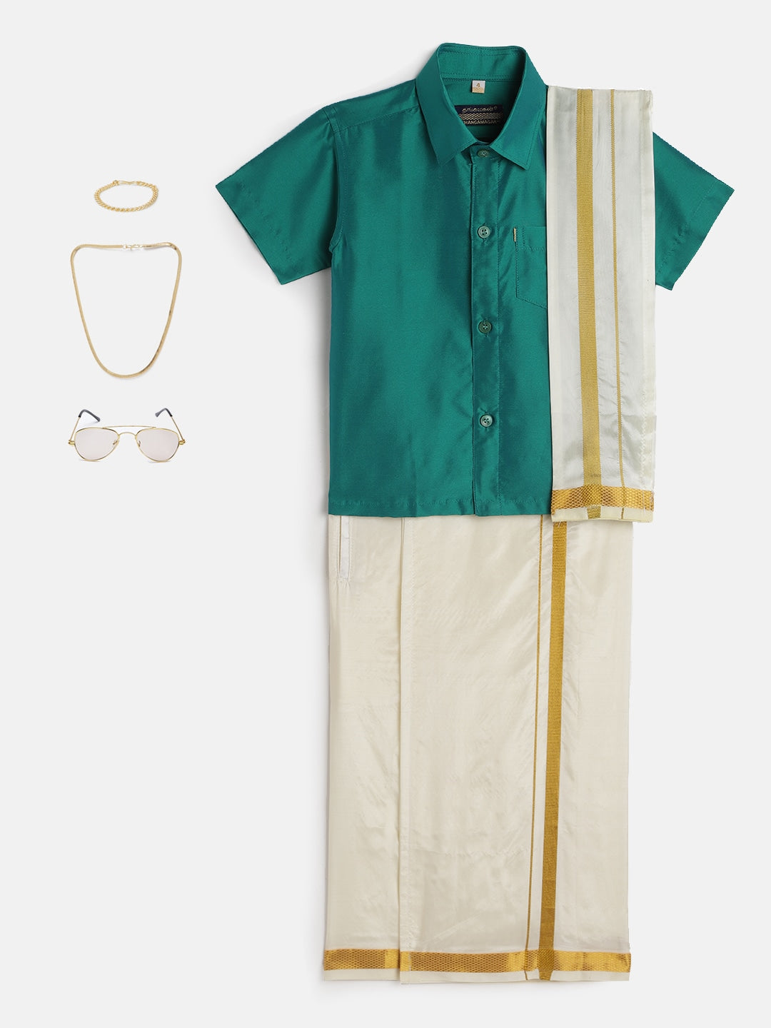 25-Tanus-Green Shirt &Cream Dhoti With Hem Of Golden Zari Along with Freebies Set