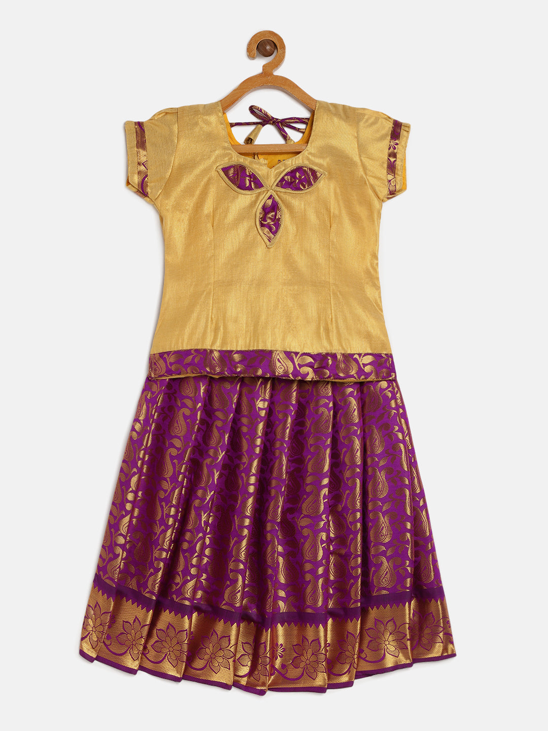 12-Ashwathy-Art Silk Cream Blouse & Purple Skirt With Hem Of Golden Zari Pattu Pavada Set