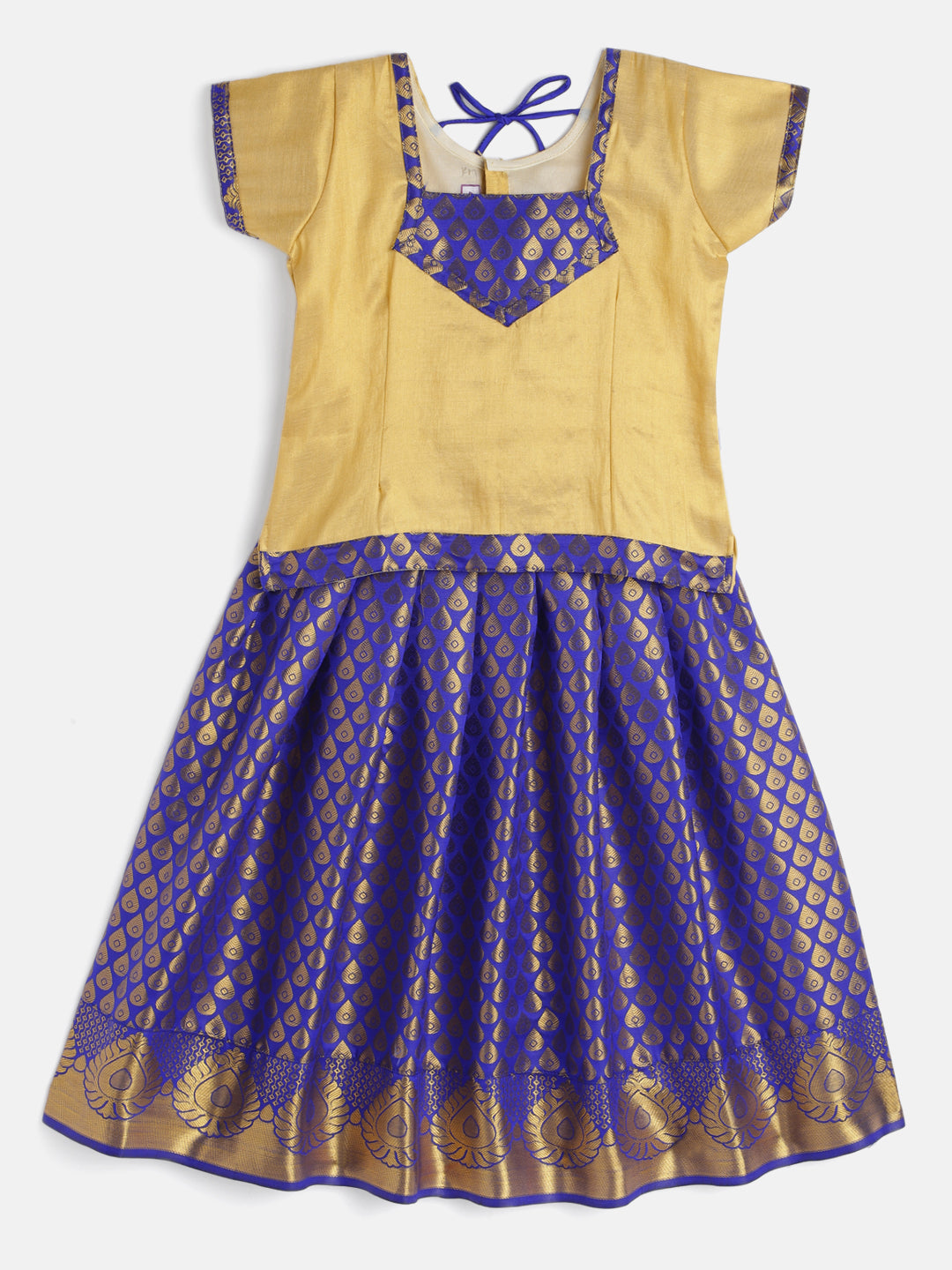 25-Smitha-Art Silk Cream Blouse & Blue Skirt With Hem Of Golden Zari Pattu Pavada Set