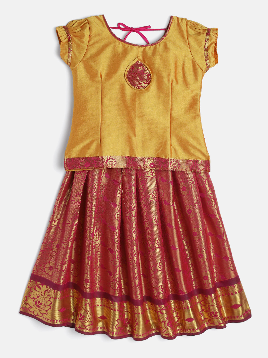 24-Revathi- Art Silk Beige Blouse & Maroon Skirt With Hem Of Golden Zari Pattu Pavada Set