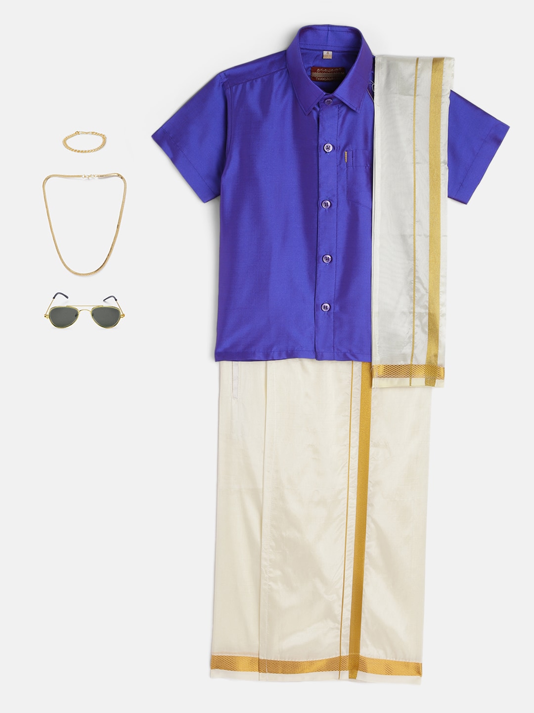 24-Dhruvit- Blue Shirt &Cream Dhoti With Hem Of Golden Zari Along with Freebies Set