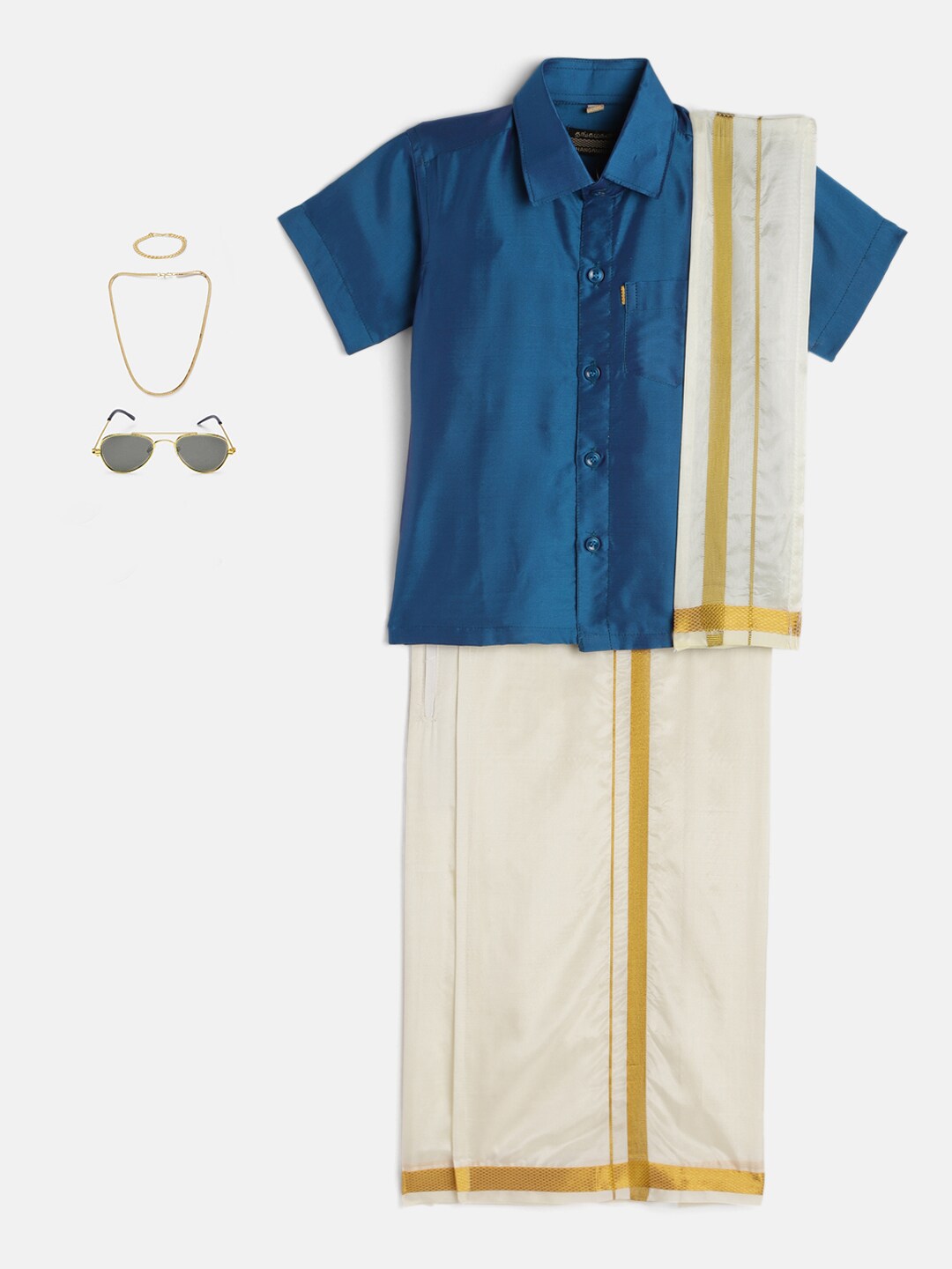 40-Krishanth- Blue Shirt & Cream Dhoti With Hem Of Golden Zari Along with Freebies Set