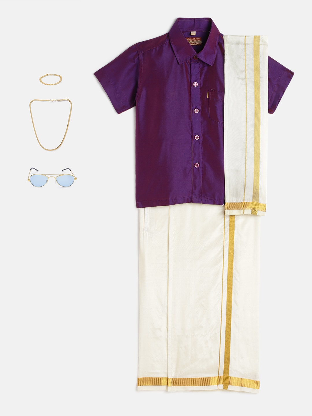 18-Yuvaan-Dark Orchid Shirt & Cream Dhoti With Hem Of Golden Zari Along with Freebies Set