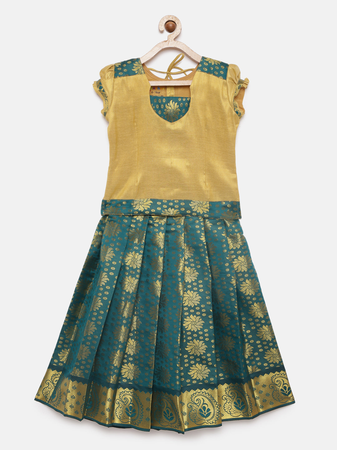 01-Jaya- Art Silk Cream Blouse & Tarquoise Skirt With Hem Of Golden Zari Pattu Pavada Set
