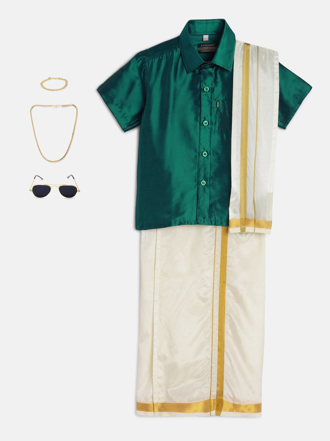 13-Reeyansh-Green Shirt &Cream Dhoti With Hem Of Golden Zari Along with Freebies Set