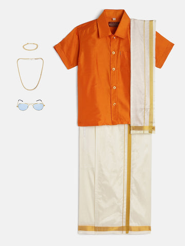 36-Nikith-Orange Shirt &Cream Dhoti With Hem Of Golden Zari Along with Freebies Set