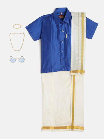 23-Pransh- Blue Shirt &Cream Dhoti With Hem Of Golden Zari Along with Freebies Set