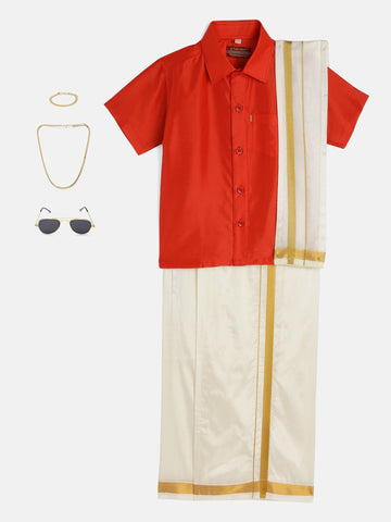 09-Shriyaan-Red Shirt & Cream Dhoti With Hem Of Golden Zari Along with Freebies Set