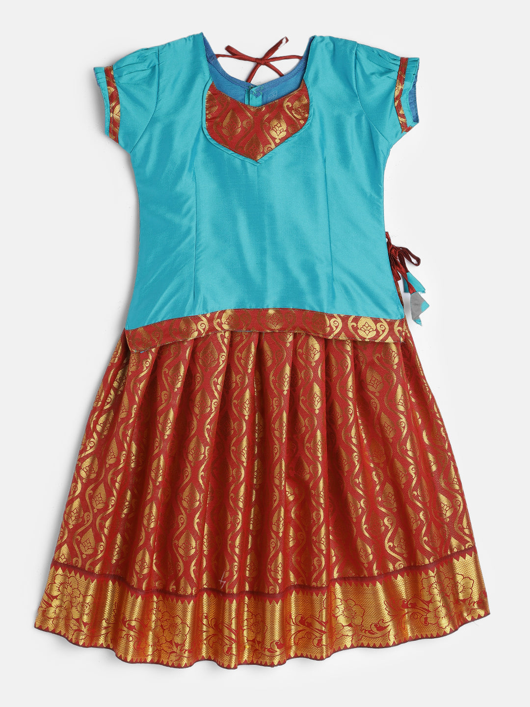 21-Mythri- Art Silk Sky Blue Blouse & Maroon Skirt With Hem Of Golden Zari Pattu Pavada Set