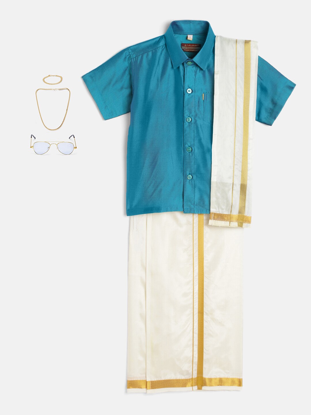 16-Manvik-Sky Blue Shirt &Cream Dhoti With Hem Of Golden Zari Along with Freebies Set