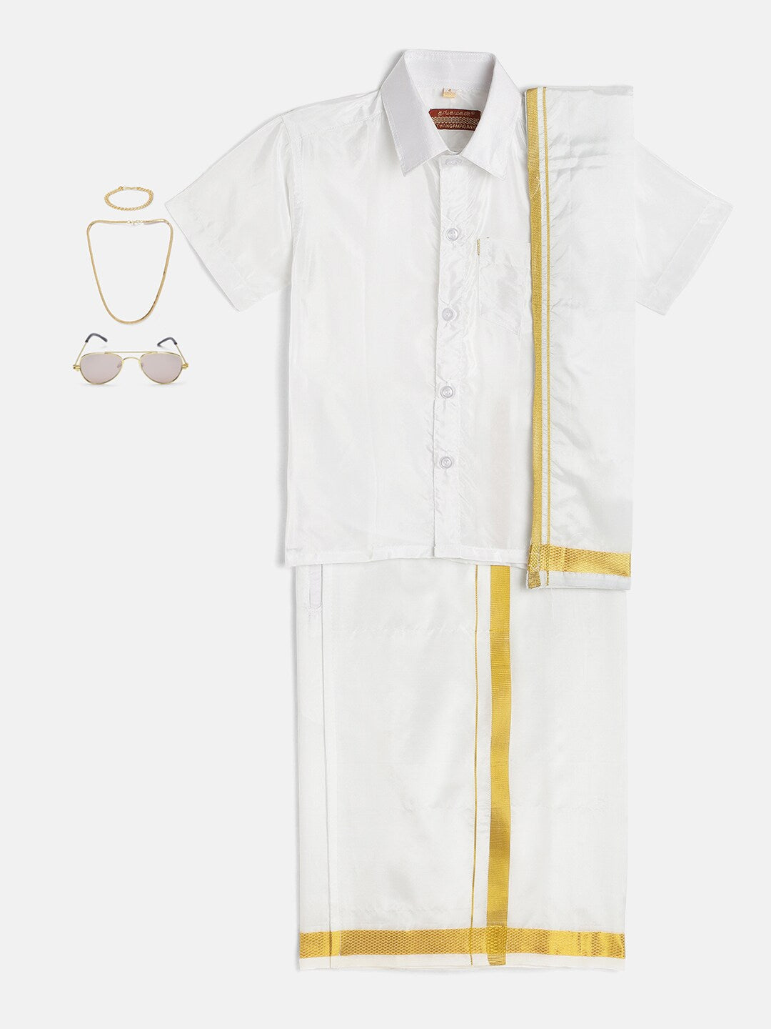 02-Jagath-White Shirt & Cream Dhoti With Hem Of Golden Zari Along with Freebies Set