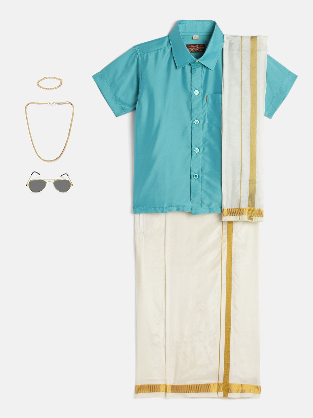 04-Nithin-Blue Shirt & Cream Dhoti With Hem Of Golden Zari Along with Freebies Set