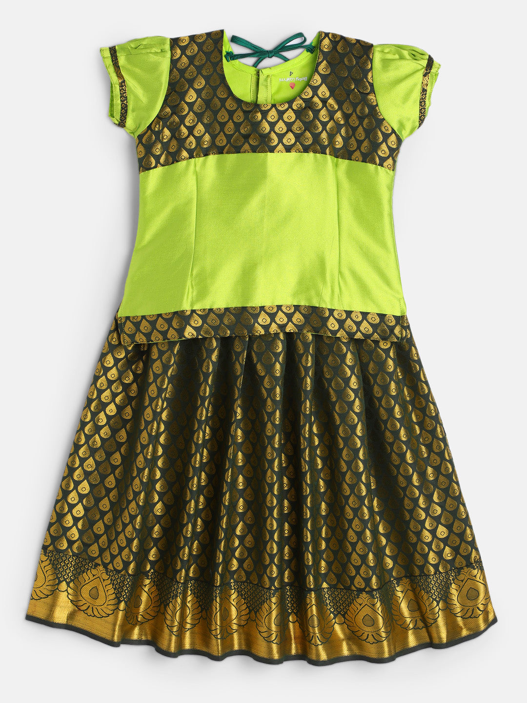 22-Namitha- Art Silk Parrot Green Blouse & Dark Green Skirt With Hem Of Golden Zari Pattu Pavada Set