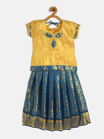 11-Chinmayi- Art Silk Cream Blouse &Teal Skirt With Hem Of Golden Zari Pattu Pavada Set