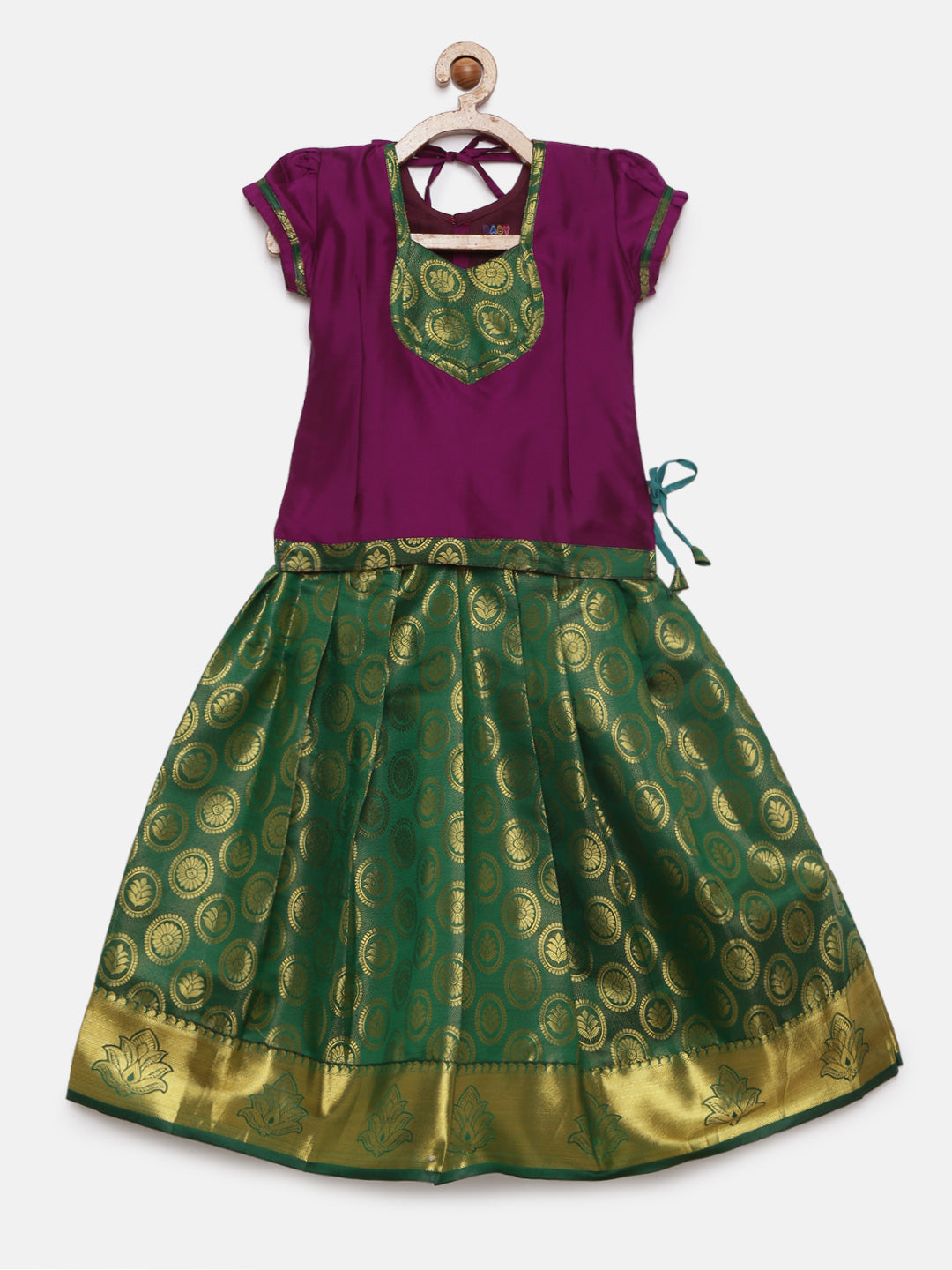08-Manashvi- Art Silk Purple Blouse &Green Skirt With Hem Of Golden Zari Pattu Pavada Set