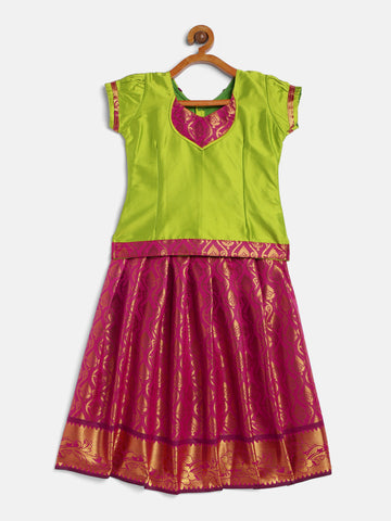 10-Asmitha- Art Silk Parrot Green Blouse & Pink Skirt With Hem Of Golden Zari Pattu Pavada Set