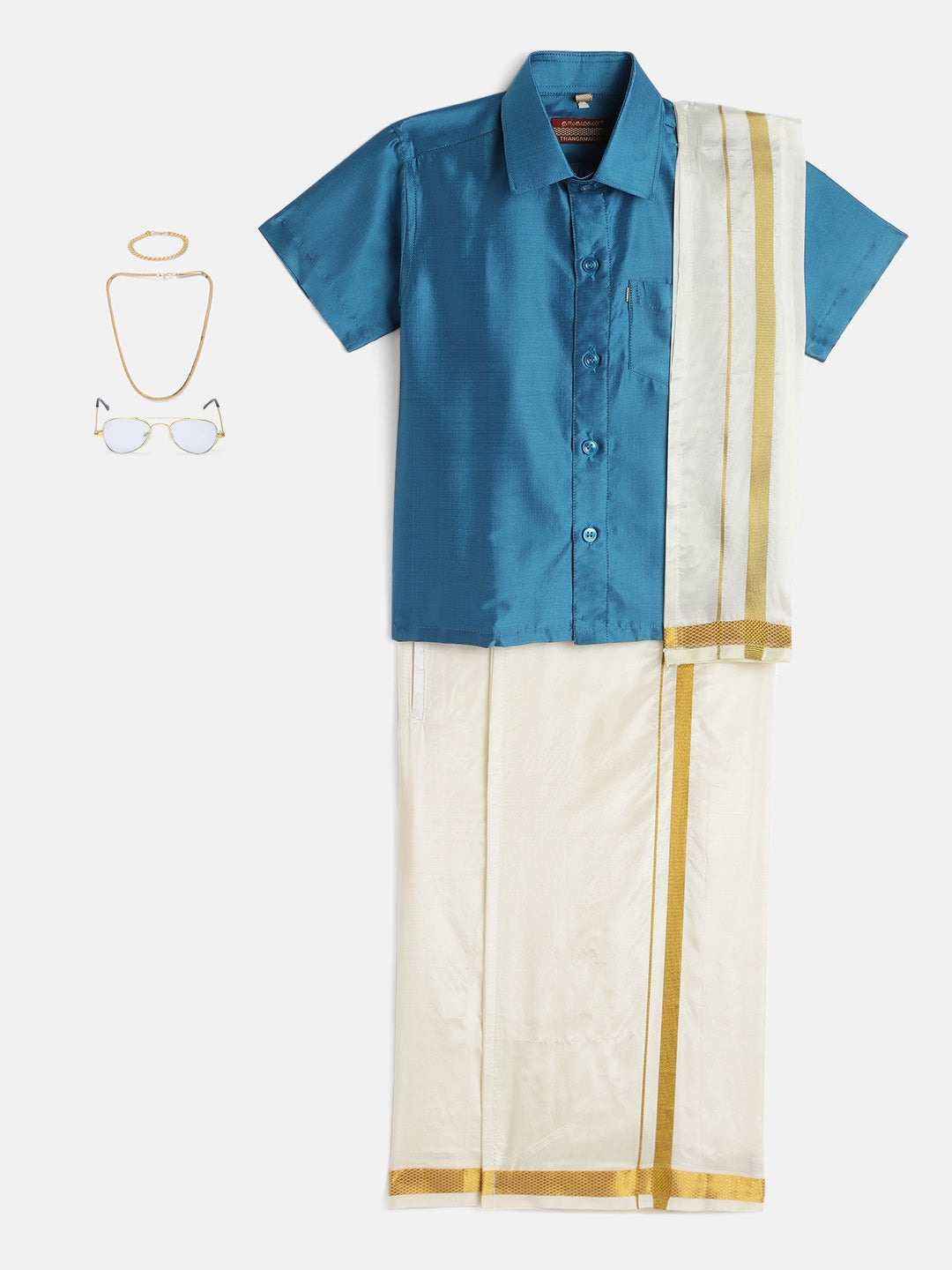 29-Rudransh-Blue Shirt &Cream Dhoti With Hem Of Golden Zari Along with Freebies Set