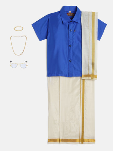 11-Hridhaan-Royal Blue Shirt &Cream Dhoti With Hem Of Golden Zari Along with Freebies Set