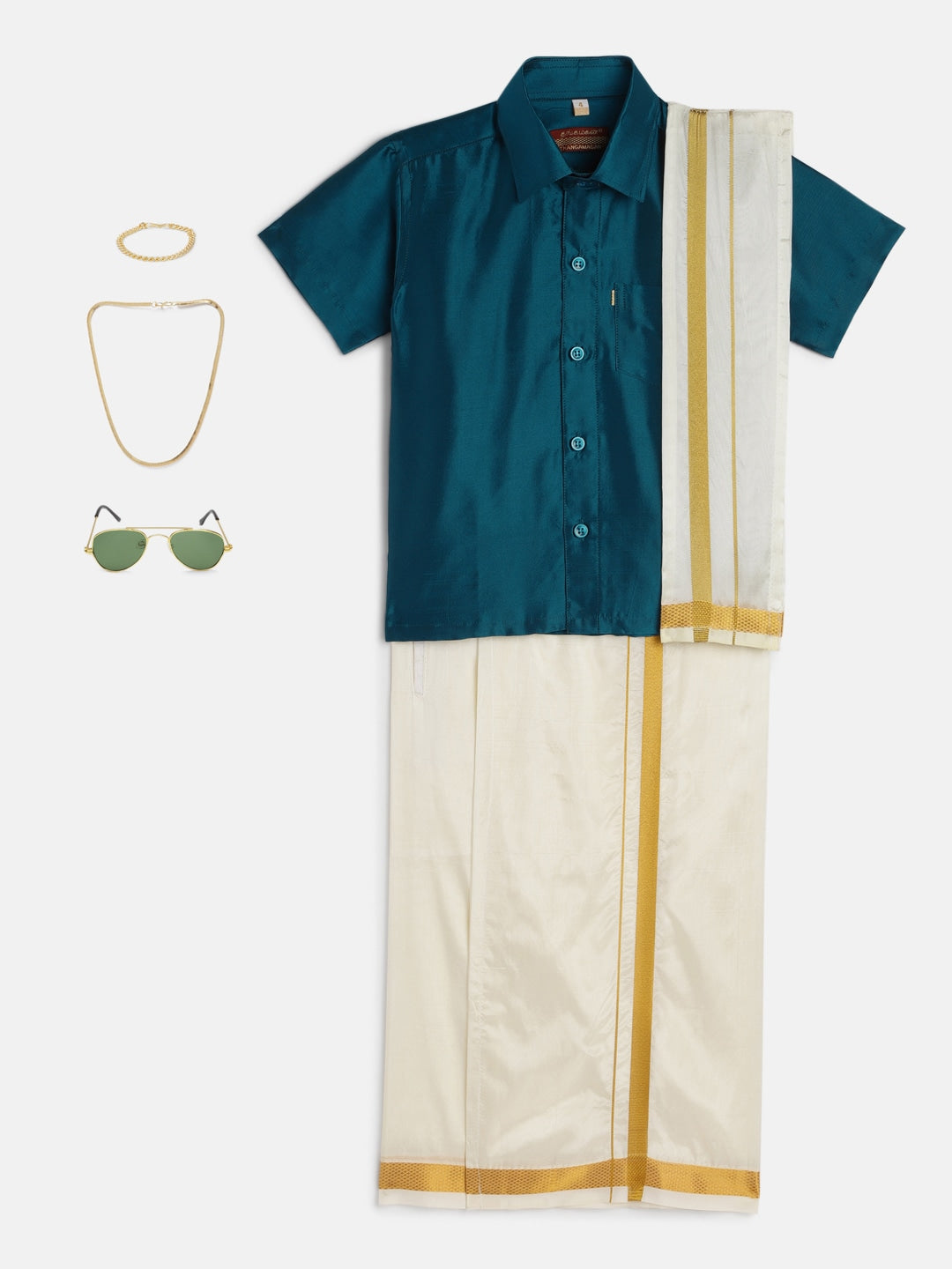 34-Shlok- Teal Shirt &Cream Dhoti With Hem Of Golden Zari Along with Freebies Set