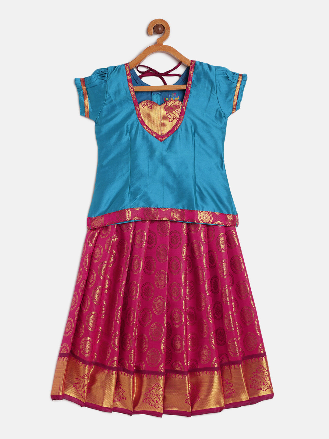 17-Geetha-Art Silk Tarquoise Blue Blouse & Pink Skirt With Hem Of Golden Zari Pattu Pavada Set