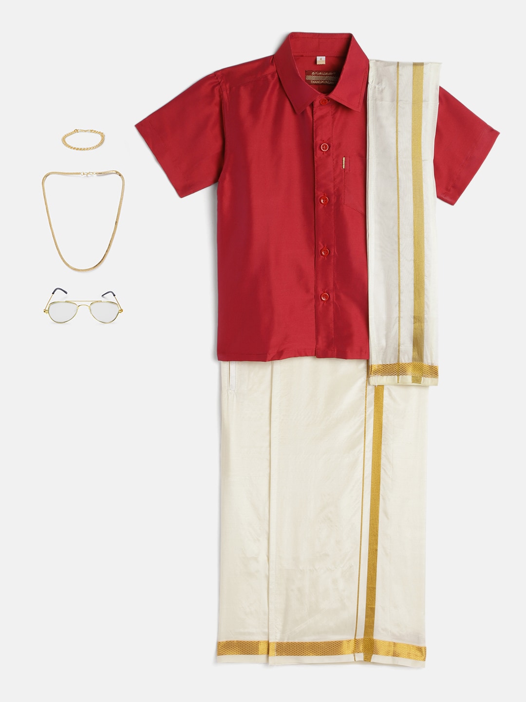 12-Sathvik-Red Shirt &Cream Dhoti With Hem Of Golden Zari Along with Freebies Set