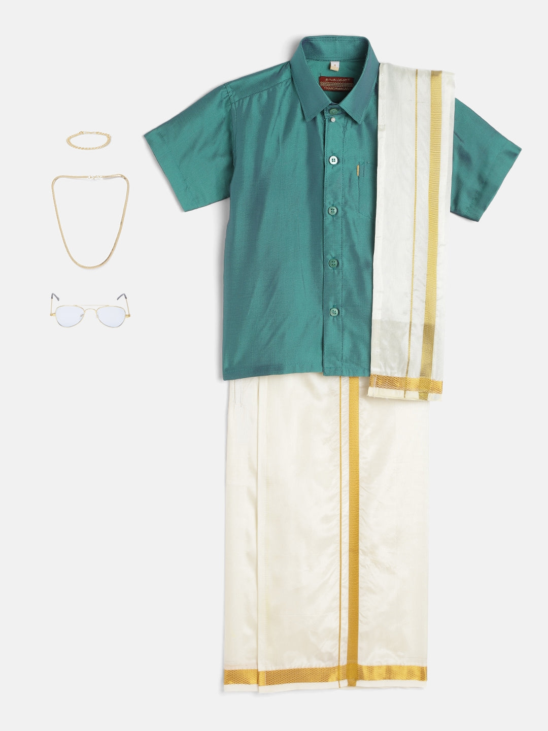 14-Anay- Sea Green Shirt &Cream Dhoti With Hem Of Golden Zari Along with Freebies Set